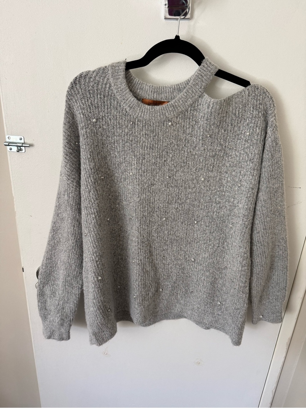 Belldini Light Gray Pearl-Accent Crewneck Sweater with Shoulder Cutout